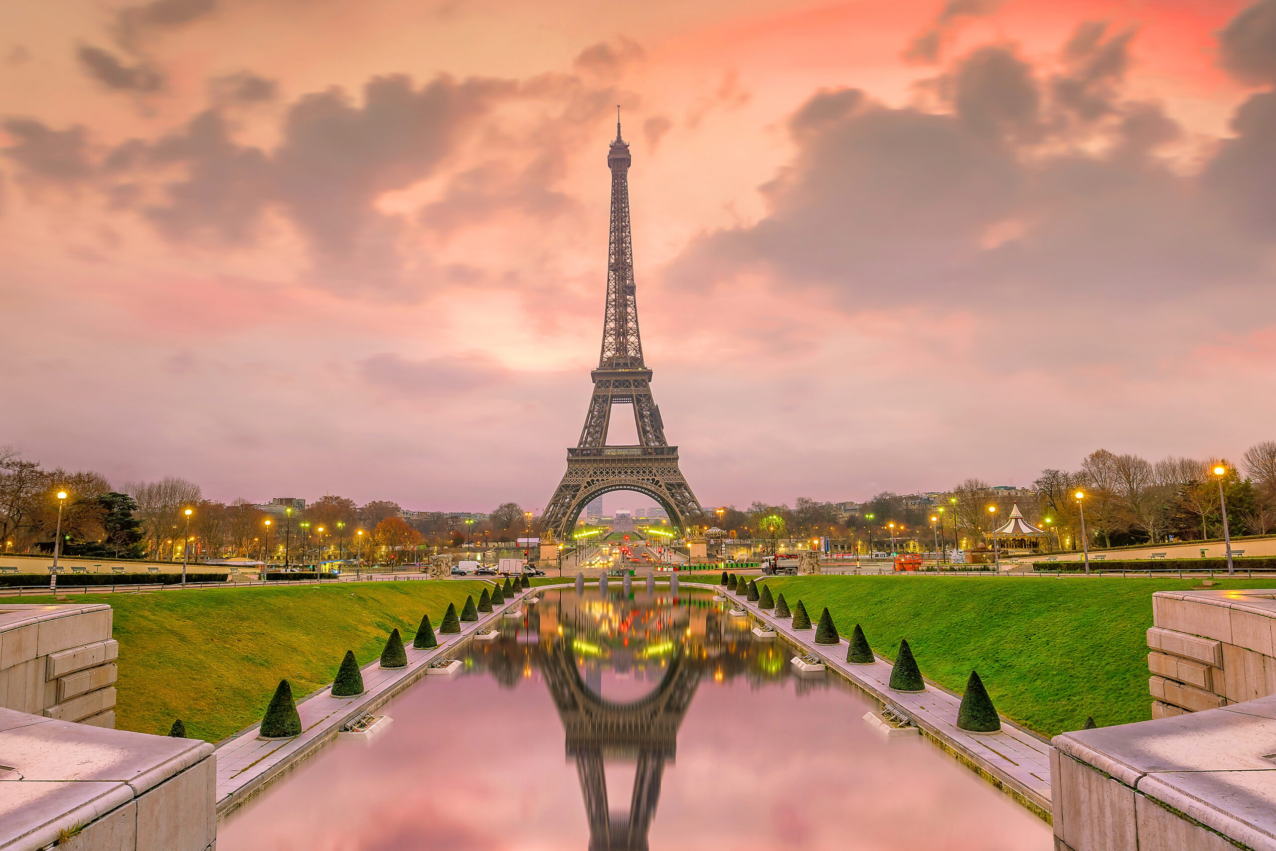 Eiffel Tower at sunrise from Trocadero Fountains in Paris